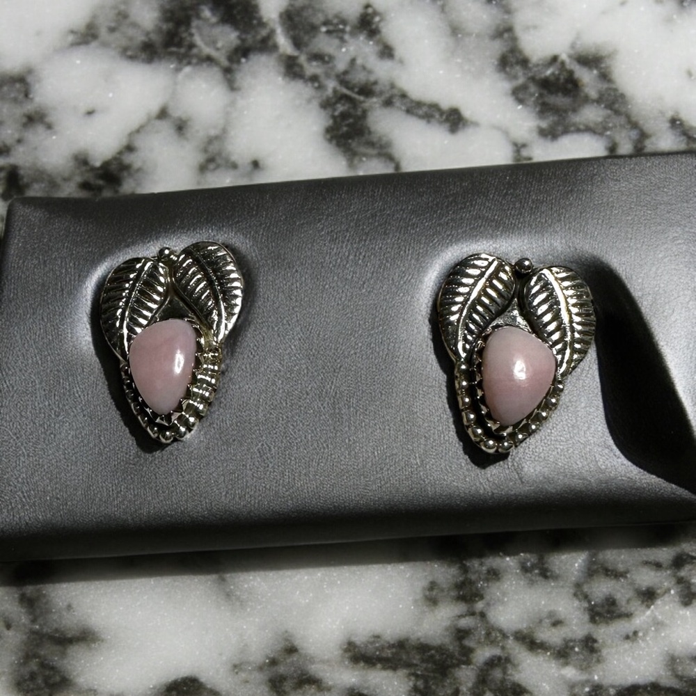 Sterling Silver Leaf & Pink Opal Post Earrings